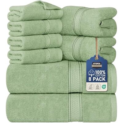 Utopia Towels 8 Piece Premium Towel Set, 2 Bath, 2 Hand, and 4 Wash Cloths, 600 GSM 100% Ring Spun Cotton, Highly Absorbent Towels for Bathroom, Gym, Hotel, and Spa, Sage Green Utopia Towels 8 Piece Premium Towel Set, 2 Bath, 2 Hand, and 4 Wash Cloths, 600 GSM 100% Ring Spun Cotton, Highly Absorbent Towels for Bathroom, Gym, Hotel, and Spa, Sage Green