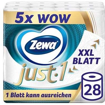 Zewa Just1 toalettpapper utan hylsa med extra stora dukar, 7 förpackningar med 4 rullar à 99 XXL-blad Zewa Just1 toalettpapper utan hylsa med extra stora dukar, 7 förpackningar med 4 rullar à 99 XXL-blad
