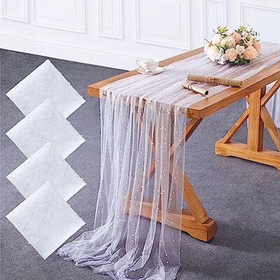 YOUMEHOME Tyll bordsduk i pärla, vit bordsduk, 4 delar, 152 x 305 cm, bröllopsslöja, pärla, tyll, bordslöpare, tyg, 3 m för bröllopsbåge, efterrätt, bordsdekorationer YOUMEHOME Tyll bordsduk i pärla, vit bordsduk, 4 delar, 152 x 305 cm, bröllopsslöja, pärla, tyll, bordslöpare, tyg, 3 m för bröllopsbåge, efterrätt, bordsdekorationer