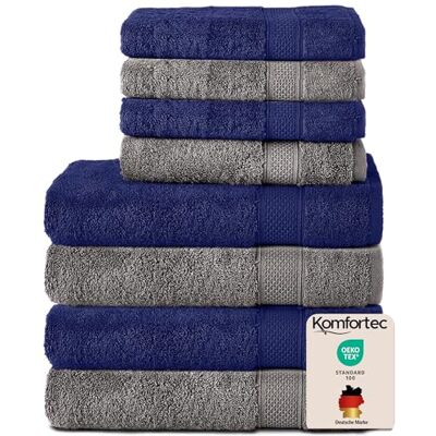 Komfortec 8-pack handduksset i 100% bomull, 4 badhanddukar 70 x 140 och 4 handdukar 50 x 100 cm, frotté, mjuk, towel, stor, antracit grå/marinblå Komfortec 8-pack handduksset i 100% bomull, 4 badhanddukar 70 x 140 och 4 handdukar 50 x 100 cm, frotté, mjuk, towel, stor, antracit grå/marinblå