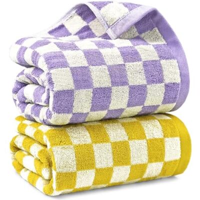Jacquotha Rutigt badhandduksset i gult och lila, mjuka färgglada badhanddukar för badrum spa, stora duschhanddukar 2-pack 140 cm x 70 cm, tunna snabbtorkande handdukar för strandpool Jacquotha Rutigt badhandduksset i gult och lila, mjuka färgglada badhanddukar för badrum spa, stora duschhanddukar 2-pack 140 cm x 70 cm, tunna snabbtorkande handdukar för strandpool