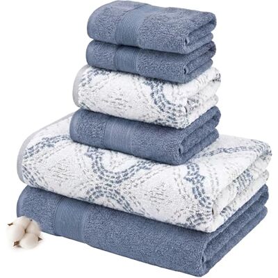 Modern Threads Moderna trådar Capri 6-delat vändbart garn färgat jacquardhandduksset – badhanddukar, handdukar och tvättdukar – superabsorberande och snabbtorkande – 100% kammad bomull, denim Modern Threads Moderna trådar Capri 6-delat vändbart garn färgat jacquardhandduksset – badhanddukar, handdukar och tvättdukar – superabsorberande och snabbtorkande – 100% kammad bomull, denim