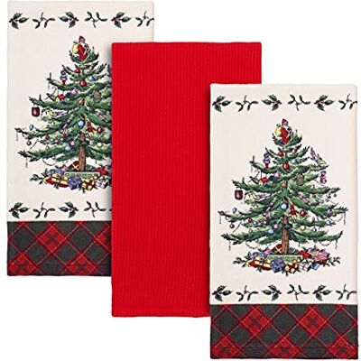 Spode 3pc Kitchen Towel Set, Soft & Absorbent Cotton, Holiday Bathroom Decor Christmas Tree Tartan Collection Spode 3pc Kitchen Towel Set, Soft & Absorbent Cotton, Holiday Bathroom Decor Christmas Tree Tartan Collection