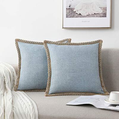 NordECO HOME Set med 2 örngott i bondgårdsstil, jute, linnetrimma, skräddarsydda kanter, dekorativa örngott för säng, heminredning, 40,6 x 40,6 cm, blå NordECO HOME Set med 2 örngott i bondgårdsstil, jute, linnetrimma, skräddarsydda kanter, dekorativa örngott för säng, heminredning, 40,6 x 40,6 cm, blå