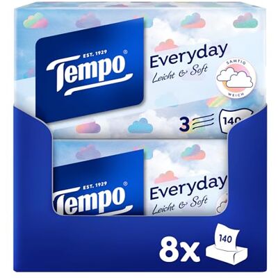 Tempo XXL Light Box näsdukar – Megapack – 8 lådor, 140 dukar per låda – mjuka pappersnäsdukar, tål maskintvätt Tempo XXL Light Box näsdukar – Megapack – 8 lådor, 140 dukar per låda – mjuka pappersnäsdukar, tål maskintvätt
