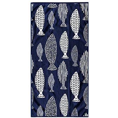 RESTILO Beach Towel Large 90 X 180 Cm Cotton Terry Velour Bath Towel Blue White Fish RESTILO Beach Towel Large 90 X 180 Cm Cotton Terry Velour Bath Towel Blue White Fish