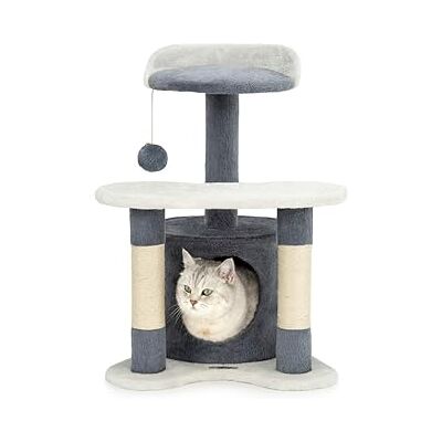 lionto Klösträd för katter med koja & plyschboll, höjd 65 cm, medelstort kattträd med robust sisal & plysch, mysig liggyta & koja, passar små & stora katter, grå/vit lionto Klösträd för katter med koja & plyschboll, höjd 65 cm, medelstort kattträd med robust sisal & plysch, mysig liggyta & koja, passar små & stora katter, grå/vit