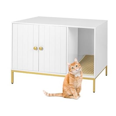 Relaxdays Kattskåp för kattlåda, med kattlåda, med ingång, HBT: 55 x 80 x 50 cm, katthus, vit/guld Relaxdays Kattskåp för kattlåda, med kattlåda, med ingång, HBT: 55 x 80 x 50 cm, katthus, vit/guld