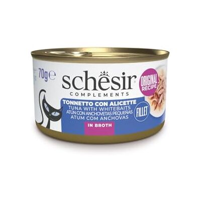 Schesir Cat i buljong, tonfisk med sardeller, kattmat våt i egen matlagningsbuljong, 24 burkar x 70 g, 1 styck (24-pack) Schesir Cat i buljong, tonfisk med sardeller, kattmat våt i egen matlagningsbuljong, 24 burkar x 70 g, 1 styck (24-pack)
