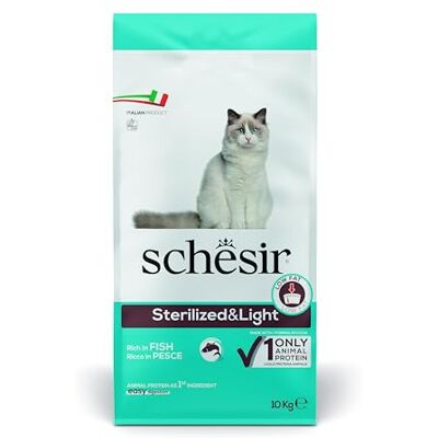 Schesir , Torr kattmat för vuxna steriliserade eller överviktiga fisksmaker ljus linje, i kroketter 10 kg säckstorlek Schesir , Torr kattmat för vuxna steriliserade eller överviktiga fisksmaker ljus linje, i kroketter 10 kg säckstorlek