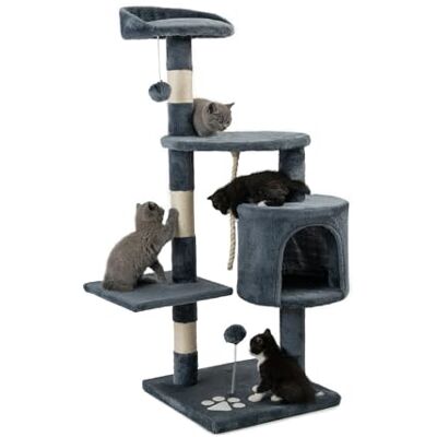 lionto Klösträd för katter med 2 plyschbollar & leksnöre, höjd 112 cm, kattträd med sisalsnöre & plysch, mysig liggyta & koja, inkl. väggfäste, för små & stora katter, grå lionto Klösträd för katter med 2 plyschbollar & leksnöre, höjd 112 cm, kattträd med sisalsnöre & plysch, mysig liggyta & koja, inkl. väggfäste, för små & stora katter, grå