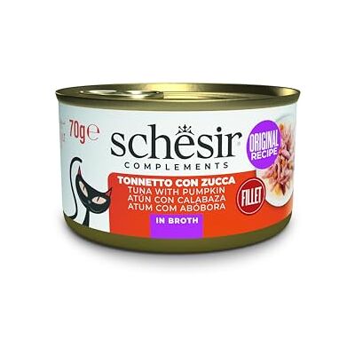 Schesir , Tonnet med pumpa i buljong, komplementär våt mat för katter, originalrecept, 100% naturligt, 12 burkar på 70 g Schesir , Tonnet med pumpa i buljong, komplementär våt mat för katter, originalrecept, 100% naturligt, 12 burkar på 70 g