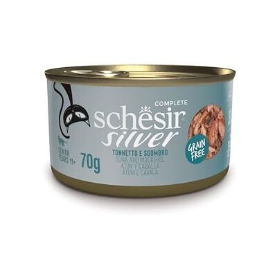 Schesir Silver, Kyckling och makrillsmak, komplett våtfoder för äldre katter (burkar 12 x 70 g) Schesir Silver, Kyckling och makrillsmak, komplett våtfoder för äldre katter (burkar 12 x 70 g)