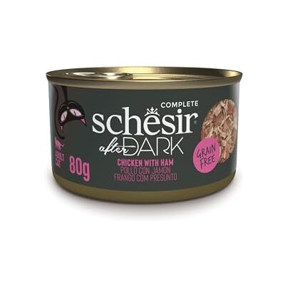 Schesir , Komplett våt mat efter mörka kycklingfiléer med skinka i buljong (12 burkar x 80 g) Schesir , Komplett våt mat efter mörka kycklingfiléer med skinka i buljong (12 burkar x 80 g)