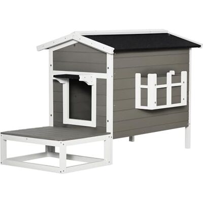 Pawhut Katthus av trä, vintersäker, vattentät kattkoja med asfaltak, terrass, kattgrotta, kattlåda, utomhus, skyddshus för utomhus, trädgård, balkong, 115 x 66,5 x 74,7 cm, grå + vit Pawhut Katthus av trä, vintersäker, vattentät kattkoja med asfaltak, terrass, kattgrotta, kattlåda, utomhus, skyddshus för utomhus, trädgård, balkong, 115 x 66,5 x 74,7 cm, grå + vit