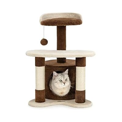 lionto Klösträd för katter med koja & plyschboll, höjd 65 cm, medelstort kattträd med robust sisal & plysch, mysig liggyta & koja, passar små & stora katter, brun/beige lionto Klösträd för katter med koja & plyschboll, höjd 65 cm, medelstort kattträd med robust sisal & plysch, mysig liggyta & koja, passar små & stora katter, brun/beige
