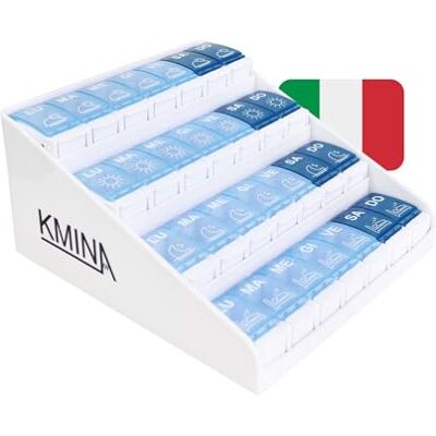 KMINA – tablett låda 7 dagar 4 fack, stor, italiensk, morgon middag kväll, medicinlåda, patenterad KMINA – tablett låda 7 dagar 4 fack, stor, italiensk, morgon middag kväll, medicinlåda, patenterad
