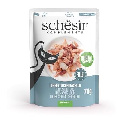 Schesir , Tonfiskfiléer med gelékummel, kompletterande våtfoder för katter, originalrecept, 100% naturlig, 12 x 70 g kuvert Schesir , Tonfiskfiléer med gelékummel, kompletterande våtfoder för katter, originalrecept, 100% naturlig, 12 x 70 g kuvert