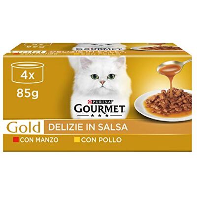 Gourmet Purina Gold, godis i sås våtmat för katter med kyckling och nötkött, 48 burkar à 85 g vardera Gourmet Purina Gold, godis i sås våtmat för katter med kyckling och nötkött, 48 burkar à 85 g vardera