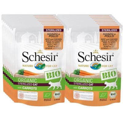 Schesir Cat Bio Steriliserat nötkött och kyckling med morötter, kattmat våt för steriliserade katter, 16 påsar x 85 g Schesir Cat Bio Steriliserat nötkött och kyckling med morötter, kattmat våt för steriliserade katter, 16 påsar x 85 g