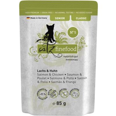Catz finefood Senior N°05 lax & kyckling kattmat våt – premium våtfoder för din senior katt – spannmålsfri, utan socker, hög kötthalt, vitaminer och mineraler (16 x 85 g påse) Catz finefood Senior N°05 lax & kyckling kattmat våt – premium våtfoder för din senior katt – spannmålsfri, utan socker, hög kötthalt, vitaminer och mineraler (16 x 85 g påse)