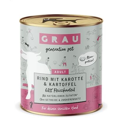 Grau Våtfoder med nöt, morötter och potatis för känsliga vuxna hundar, spannmålsfritt, monoprotein, originalprodukt, 6-pack (6 x 800 g) Grau Våtfoder med nöt, morötter och potatis för känsliga vuxna hundar, spannmålsfritt, monoprotein, originalprodukt, 6-pack (6 x 800 g)