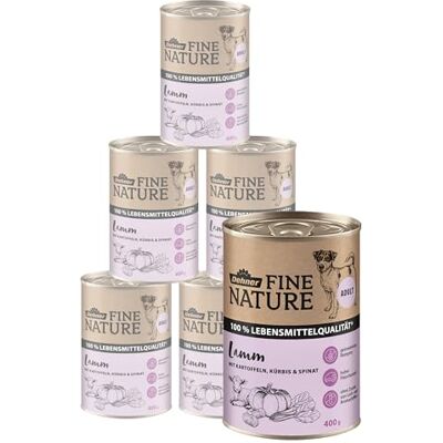 Dehner Fine Nature hundmat, våt mat spannmålsfri/sockerfri, för vuxna hundar, lamm/potatis, 6 x 400 g burk (2,4 kg) Dehner Fine Nature hundmat, våt mat spannmålsfri/sockerfri, för vuxna hundar, lamm/potatis, 6 x 400 g burk (2,4 kg)