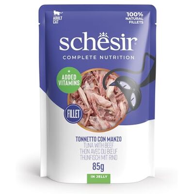 Schesir Kalvkött tonfisk i gelé, komplett våt mat för katter, i påsar, 100% naturlig, med tillsatta vitaminer, 12 x 85 g Schesir Kalvkött tonfisk i gelé, komplett våt mat för katter, i påsar, 100% naturlig, med tillsatta vitaminer, 12 x 85 g