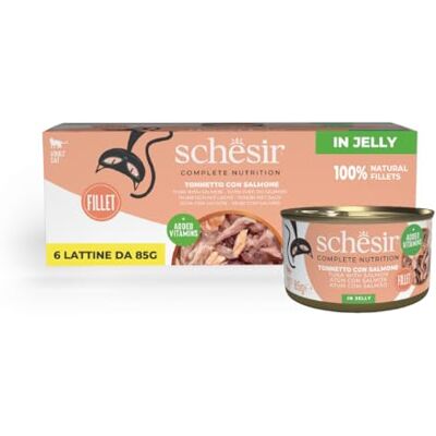 Schesir , Tonnetto med gelélax, komplett våtfoder för katter, burk, med tillsatta vitaminer, 100% naturlig, 6 x 85 g Schesir , Tonnetto med gelélax, komplett våtfoder för katter, burk, med tillsatta vitaminer, 100% naturlig, 6 x 85 g