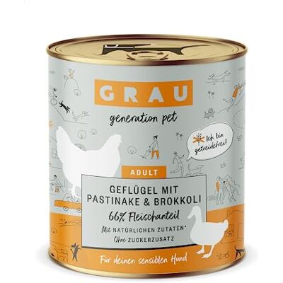 Grau Våtfoder med fågel, palsternacka och broccoli för känsliga vuxna hundar, spannmålsfritt, originalprodukt, 6-pack (6 x 800 g) Grau Våtfoder med fågel, palsternacka och broccoli för känsliga vuxna hundar, spannmålsfritt, originalprodukt, 6-pack (6 x 800 g)