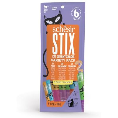 Schesir Stix, Variety Pack, krämiga och kompletterande snacks för katter (12 förpackningar med 6 snacks vardera) Schesir Stix, Variety Pack, krämiga och kompletterande snacks för katter (12 förpackningar med 6 snacks vardera)
