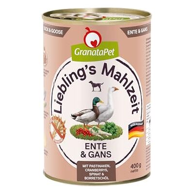 GranataPet Hundmat, älsklingens måltid anka och gås, våtfoder för hundar, utan spannmål och sockertillsatser, helfoder, 6 x 400 g GranataPet Hundmat, älsklingens måltid anka och gås, våtfoder för hundar, utan spannmål och sockertillsatser, helfoder, 6 x 400 g