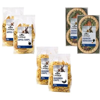 Dehner Favoritgnagarmellanmål, gnagarmat 100% naturlig, fruktblandning, 2 x äppelchips (160 g), bananchips (300 g) och jordgubbskoppar (30 g) (490 g) Dehner Favoritgnagarmellanmål, gnagarmat 100% naturlig, fruktblandning, 2 x äppelchips (160 g), bananchips (300 g) och jordgubbskoppar (30 g) (490 g)