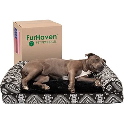 Furhaven Hundsäng för husdjur – ortopedisk plysch Kilim sydväst heminredning traditionell soffa stil vardagsrum bäddsoffa med avtagbart skydd för hundar och katter, svart medaljong, stor Furhaven Hundsäng för husdjur – ortopedisk plysch Kilim sydväst heminredning traditionell soffa stil vardagsrum bäddsoffa med avtagbart skydd för hundar och katter, svart medaljong, stor
