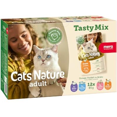 MERA Cats Nature Adult Tasty Mix Premium kattmat våt 12 x 85 g utan socker och spannmål Vuxna katter våtfoder hög kötthalt värdepaket MERA Cats Nature Adult Tasty Mix Premium kattmat våt 12 x 85 g utan socker och spannmål Vuxna katter våtfoder hög kötthalt värdepaket