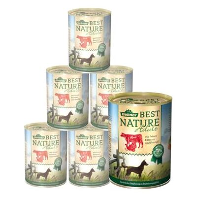 Dehner Best Nature hundmat, våt mat spannmålsfritt, för vuxna hundar, nötkött/kalkon/morötter, 6 x 400 g burk (2,4 kg) Dehner Best Nature hundmat, våt mat spannmålsfritt, för vuxna hundar, nötkött/kalkon/morötter, 6 x 400 g burk (2,4 kg)