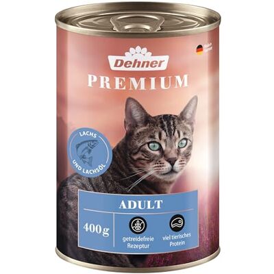 Dehner Premium kattmat, våtfoder spannmålsfritt, för vuxna katter, lax, 6 x 400 g burk (2,4 kg) Dehner Premium kattmat, våtfoder spannmålsfritt, för vuxna katter, lax, 6 x 400 g burk (2,4 kg)