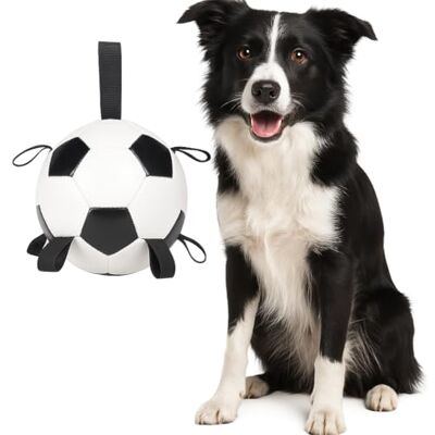 Flamingo Towa – flytande fotboll för hundar – vit/svart – Ø 19 cm – med handtag – robust vattenleksak för interaktiv lek Flamingo Towa – flytande fotboll för hundar – vit/svart – Ø 19 cm – med handtag – robust vattenleksak för interaktiv lek