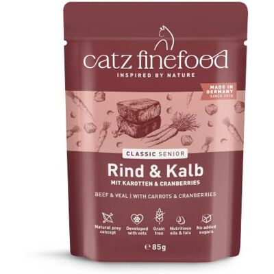 Catz finefood Senior N°07 nötkött & kalvmat våt – premium våtfoder för din senior katt – spannmålsfri, utan socker, hög kötthalt, vitaminer och mineraler (16 x 85 g påse) Catz finefood Senior N°07 nötkött & kalvmat våt – premium våtfoder för din senior katt – spannmålsfri, utan socker, hög kötthalt, vitaminer och mineraler (16 x 85 g påse)