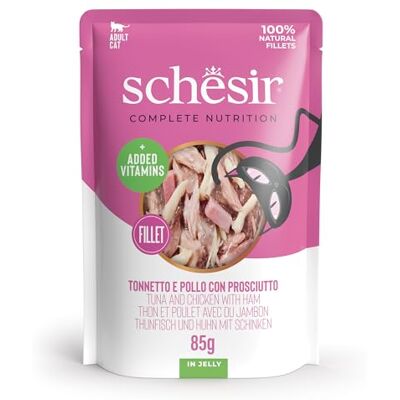 Schesir , Tonnetto och kyckling med skinka i gelatin, komplett våtfoder för katter, i påse, 100% naturliga ingredienser, cruelty free, 12 x 85 g Schesir , Tonnetto och kyckling med skinka i gelatin, komplett våtfoder för katter, i påse, 100% naturliga ingredienser, cruelty free, 12 x 85 g