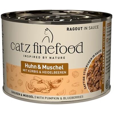 Catz finefood Ragout N° 613, kyckling och mussla, kattmat, våt mat för katter i sås utan spannmål och socker med hög kötthalt, 6 x 190 g burk Catz finefood Ragout N° 613, kyckling och mussla, kattmat, våt mat för katter i sås utan spannmål och socker med hög kötthalt, 6 x 190 g burk