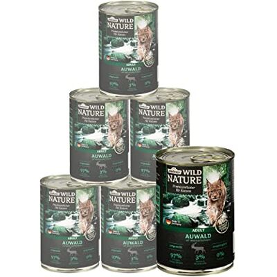 Dehner Wild Nature Kattmat auwald, våtfoder spannmålsfri/sockerfri, för vuxna katter, hjor/kalkon, 6 x 400 g burk (2,4 kg) Dehner Wild Nature Kattmat auwald, våtfoder spannmålsfri/sockerfri, för vuxna katter, hjor/kalkon, 6 x 400 g burk (2,4 kg)