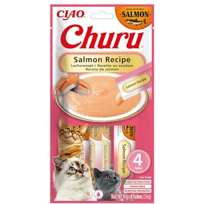 INABA Churu Puree kattgodis Creamy Snacks, högkvalitativa proteiner med lax 56 g (1-pack), kattsnacks i premiumkvalitet INABA Churu Puree kattgodis Creamy Snacks, högkvalitativa proteiner med lax 56 g (1-pack), kattsnacks i premiumkvalitet