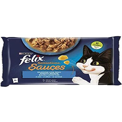 Felix Purina Sensations Sauces Fuktig mat för katter med lax i Smaksås Räkor och med sardiner i sås med morötter, 4 påsar om 85 g vardera Felix Purina Sensations Sauces Fuktig mat för katter med lax i Smaksås Räkor och med sardiner i sås med morötter, 4 påsar om 85 g vardera