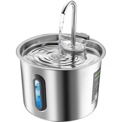 REVER Kattfontän i rostfritt stål, 2,2 l – E101 kattfontän med synligt fönster och ultra-tyst pump, flerfiltreringssystem, drickskål för katter och små djur (silver) REVER Kattfontän i rostfritt stål, 2,2 l – E101 kattfontän med synligt fönster och ultra-tyst pump, flerfiltreringssystem, drickskål för katter och små djur (silver)