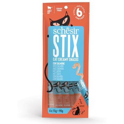 Schesir Stix Lax, extra krämiga snacks för katter (12 förpackningar med 6 mellanmål) Schesir Stix Lax, extra krämiga snacks för katter (12 förpackningar med 6 mellanmål)