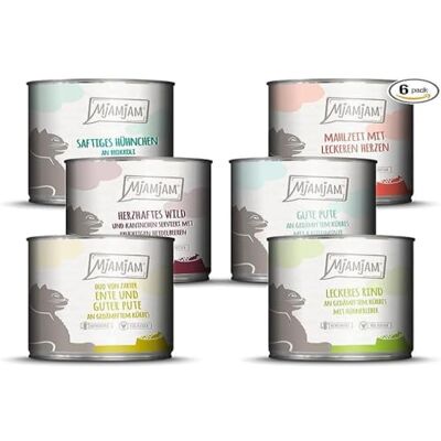 MjAMjAM Premium våtfoder för katter mixed pack III kyckling & pumpa, kalkon, anka & fågel, hjärtan, kyckling, nötkött, förpackning om 6 (6 x 800 g), spannmålsfri med extra kött MjAMjAM Premium våtfoder för katter mixed pack III kyckling & pumpa, kalkon, anka & fågel, hjärtan, kyckling, nötkött, förpackning om 6 (6 x 800 g), spannmålsfri med extra kött