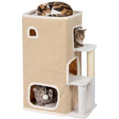 Relaxdays kattstuga i 3 våningar, kattgrotta med boll och klösstativ, beige HxBxD: 83,5x43x34 cm, husdjurshydda för inomhusbruk, tyg Relaxdays kattstuga i 3 våningar, kattgrotta med boll och klösstativ, beige HxBxD: 83,5x43x34 cm, husdjurshydda för inomhusbruk, tyg
