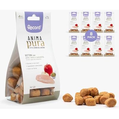 Record Ren själsnacks för hundar, besparingsstorlek. Naturliga bakade kakor med kyckling, äpple och kamomillsmak. 100% naturliga hundsnacks, tillverkade i Italien 8-pack 100 g påsar Record Ren själsnacks för hundar, besparingsstorlek. Naturliga bakade kakor med kyckling, äpple och kamomillsmak. 100% naturliga hundsnacks, tillverkade i Italien 8-pack 100 g påsar