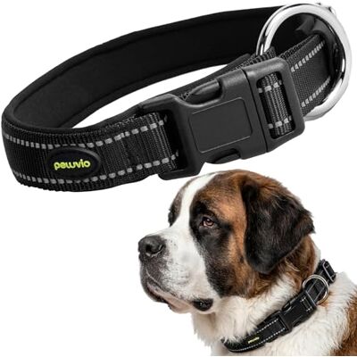 Peluvio Buddy Reflekterande Hundhalsband i Slitstark Nylon, Justerbart Halsband för Små Medelstora & Stora Hundar, Lätt och Vattentåligt med Metallspänne och Reflexsömmar, Tvättbart, (XXL, Svart) Peluvio Buddy Reflekterande Hundhalsband i Slitstark Nylon, Justerbart Halsband för Små Medelstora & Stora Hundar, Lätt och Vattentåligt med Metallspänne och Reflexsömmar, Tvättbart, (XXL, Svart)